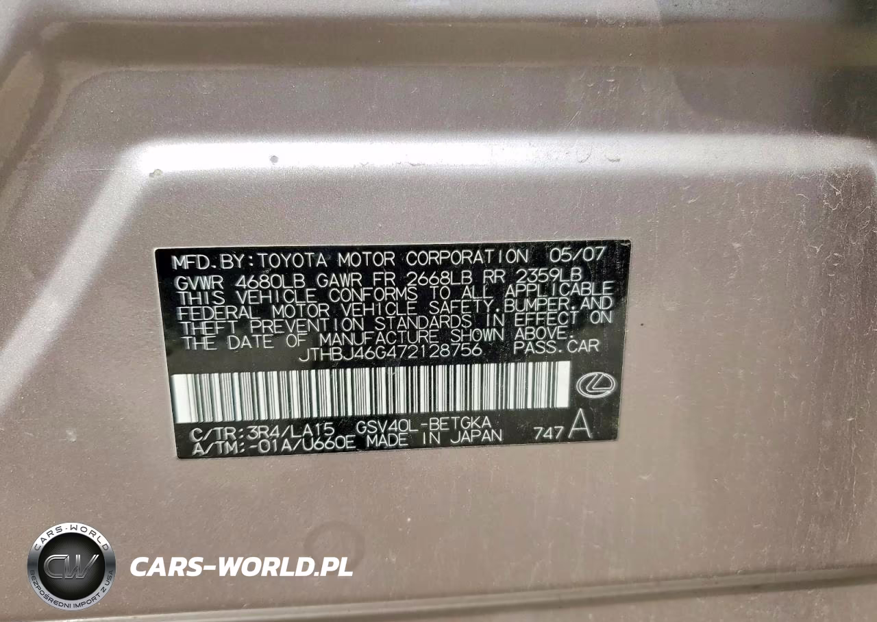 2007 Lexus Es 350 VIN:JTHBJ46G472128756 - 12