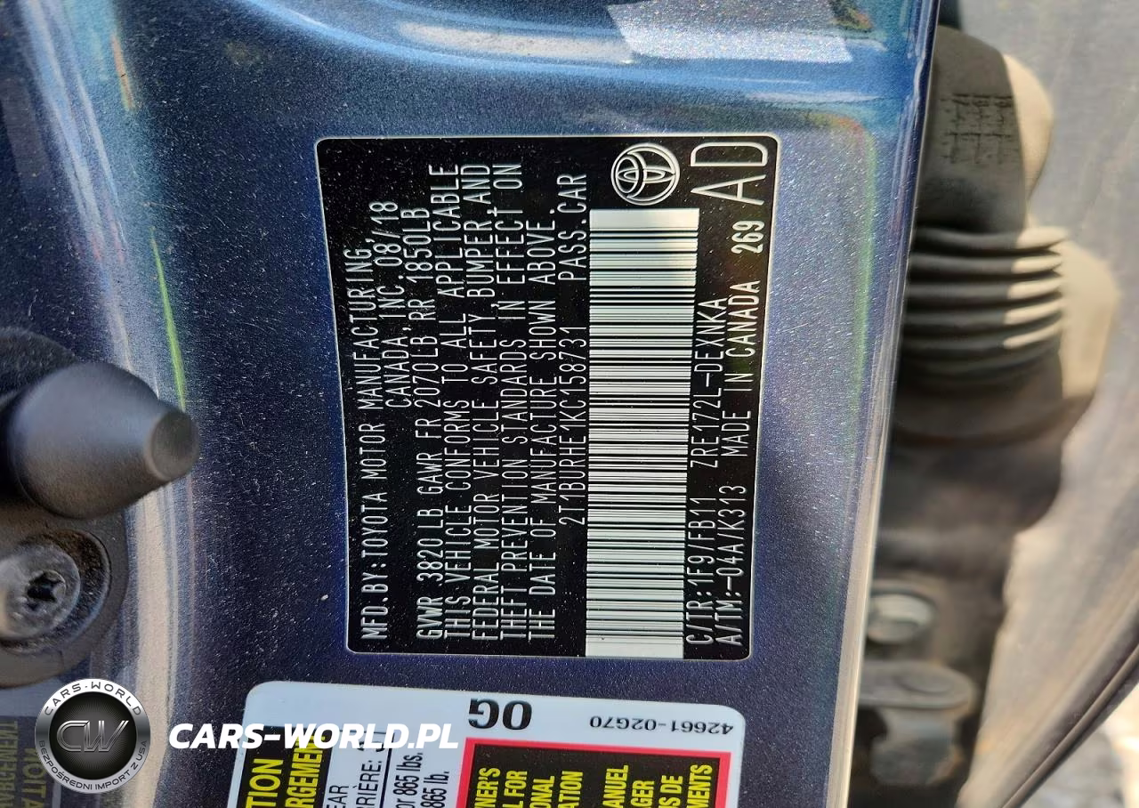2019 Toyota Corolla Le VIN:2T1BURHE1KC158731 - 12