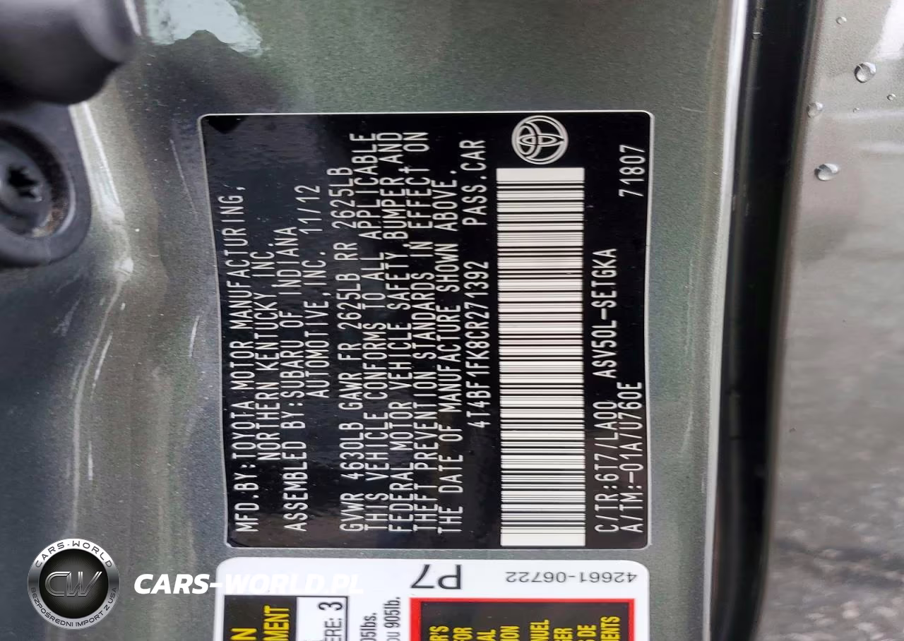 2012 Toyota Camry Xle VIN:4T4BF1FK8CR271392 - 12