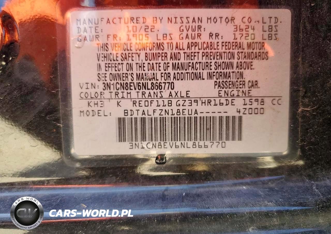2022 Nissan Versa Sv VIN:3N1CN8EV6NL866770 - 12