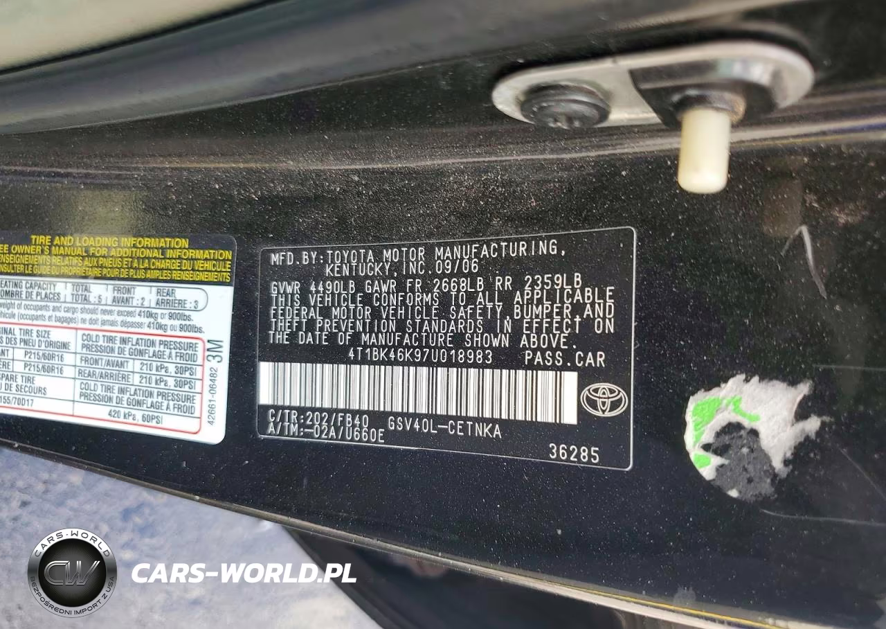 2007 Toyota Camry Le V6 VIN:4T1BK46K97U018983 - 12