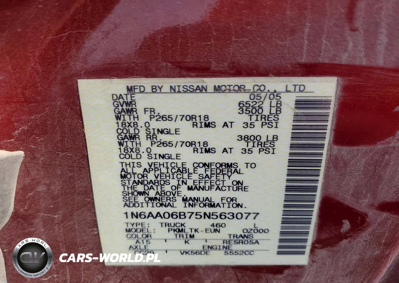 2005 Nissan Titan Xe VIN:1N6AA06B75N563077 - 12