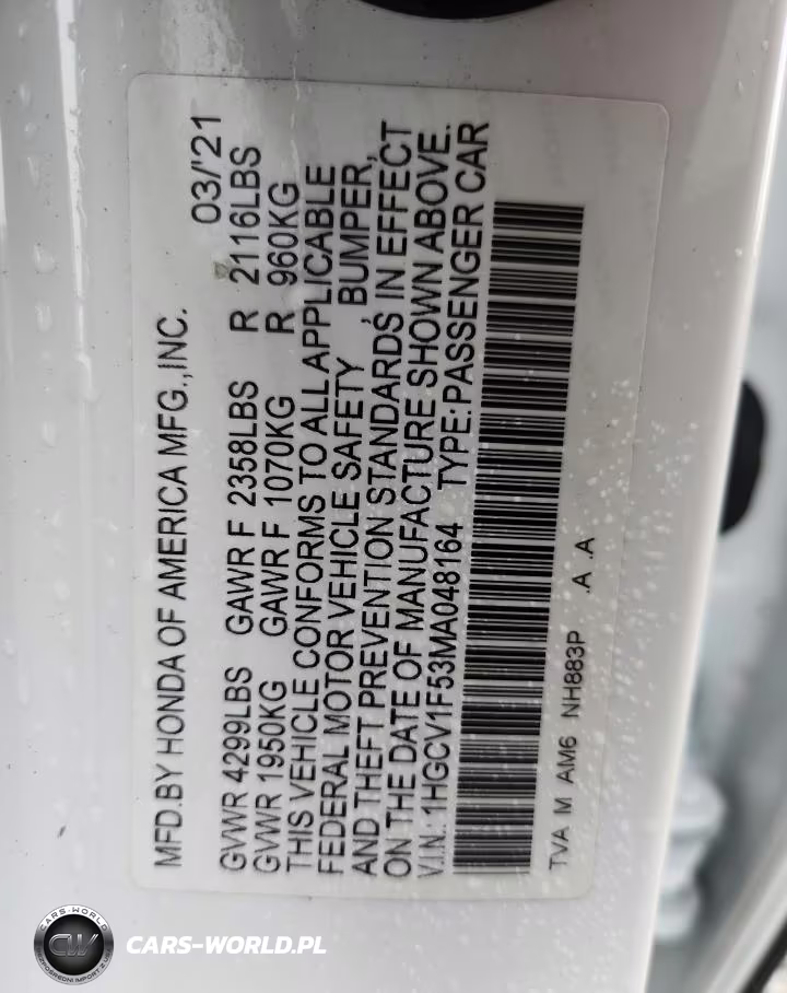 2021 Honda Accord Exl VIN:1HGCV1F53MA048164 - 13
