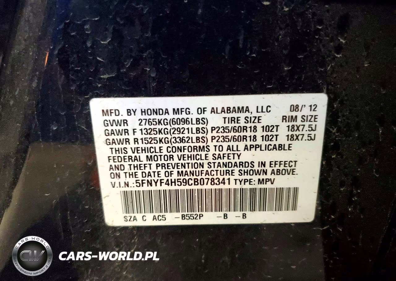 2012 Honda Pilot Exl VIN:5FNYF4H59CB078341 - 14