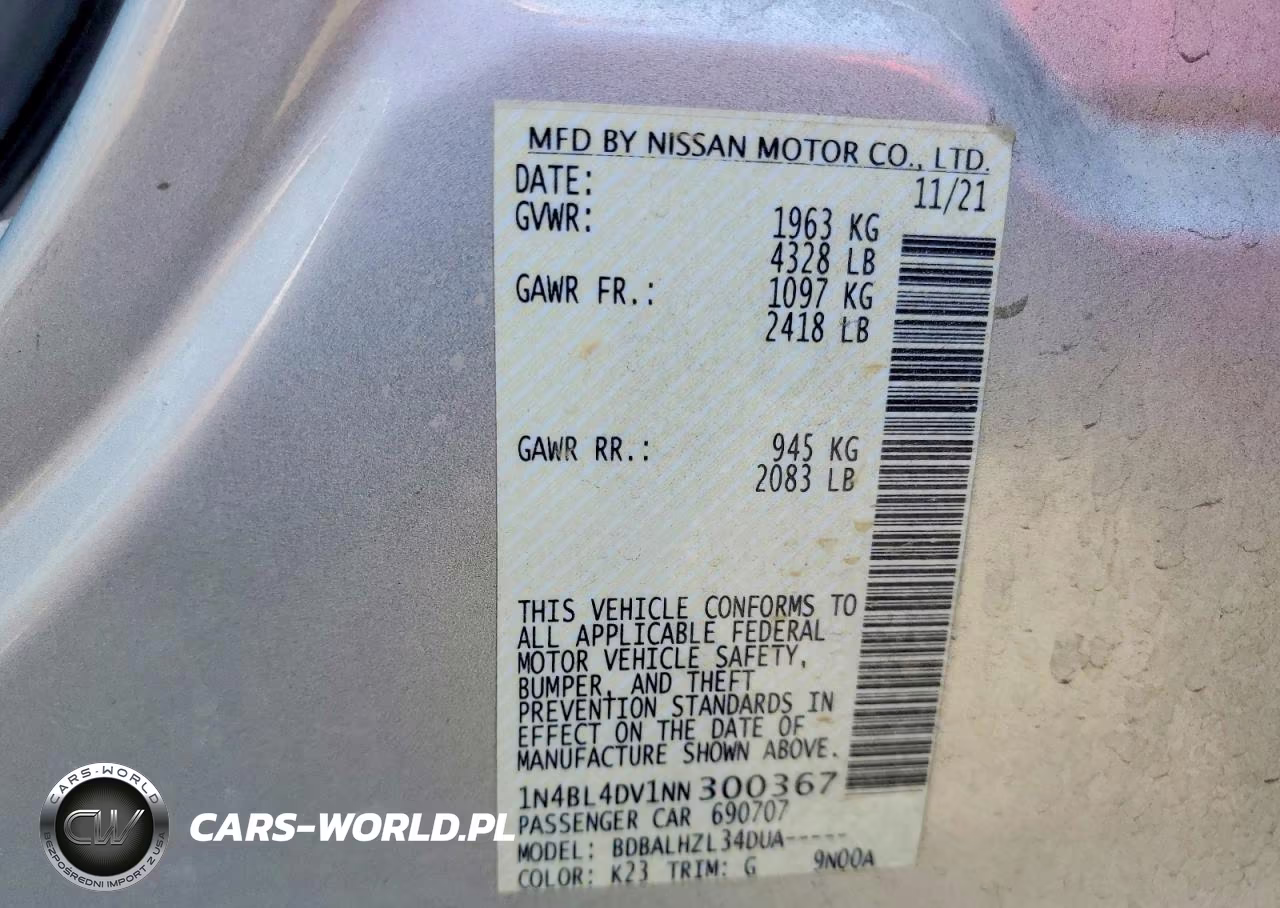 2022 Nissan Altima Sv VIN:1N4BL4DV1NN300367 - 12