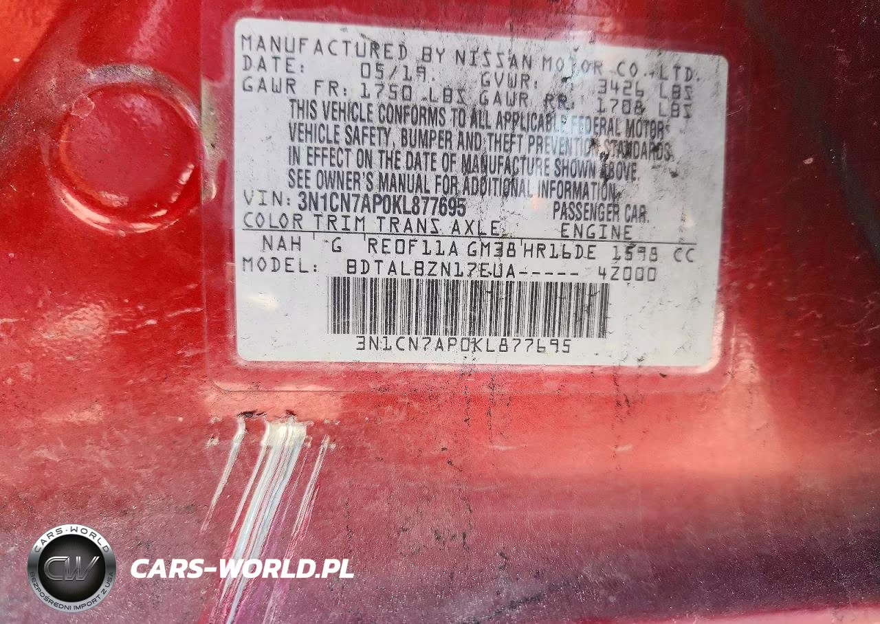 2019 Nissan Versa Sv VIN:3N1CN7AP0KL877695 - 13