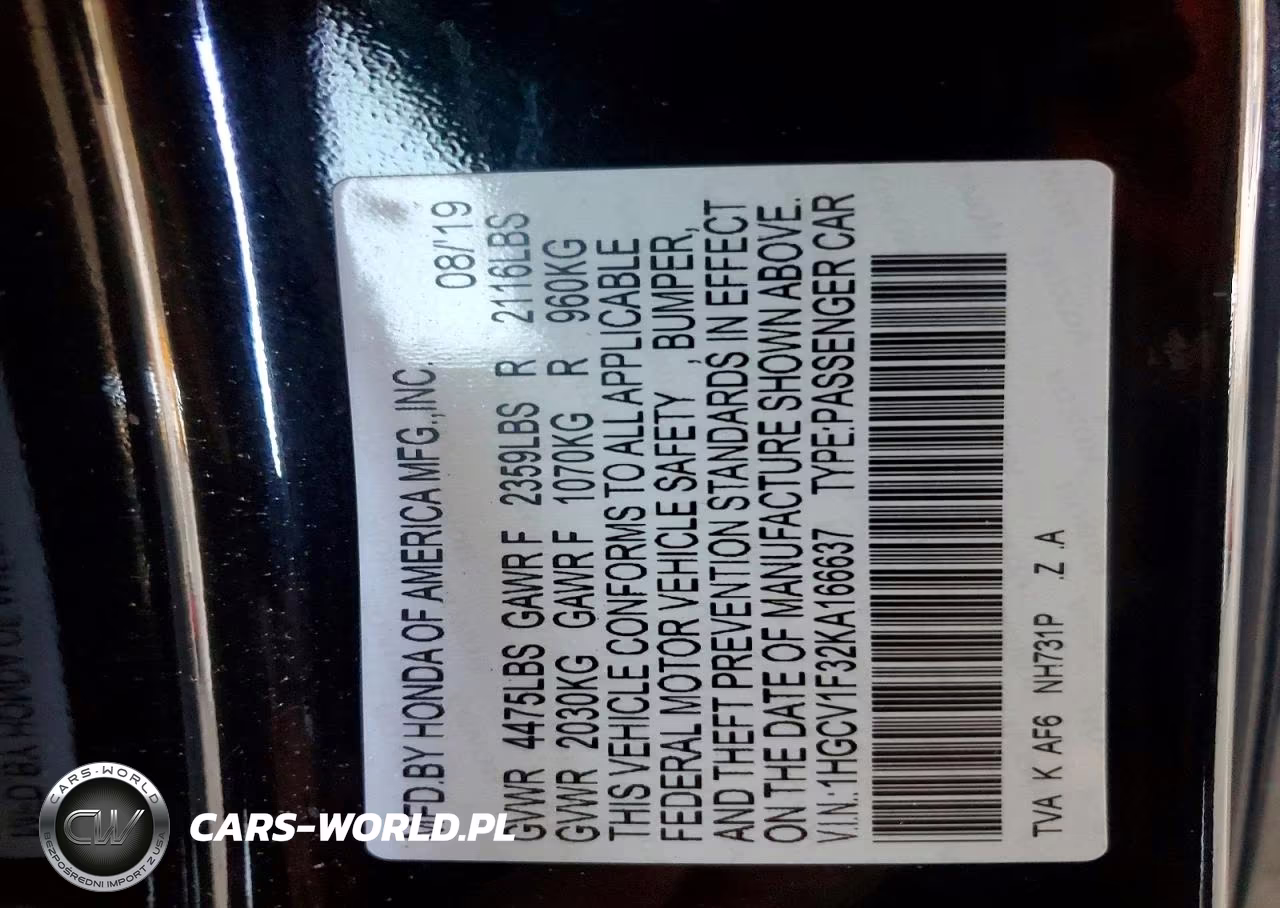 2019 Honda Accord Sport VIN:1HGCV1F32KA166637 - 12