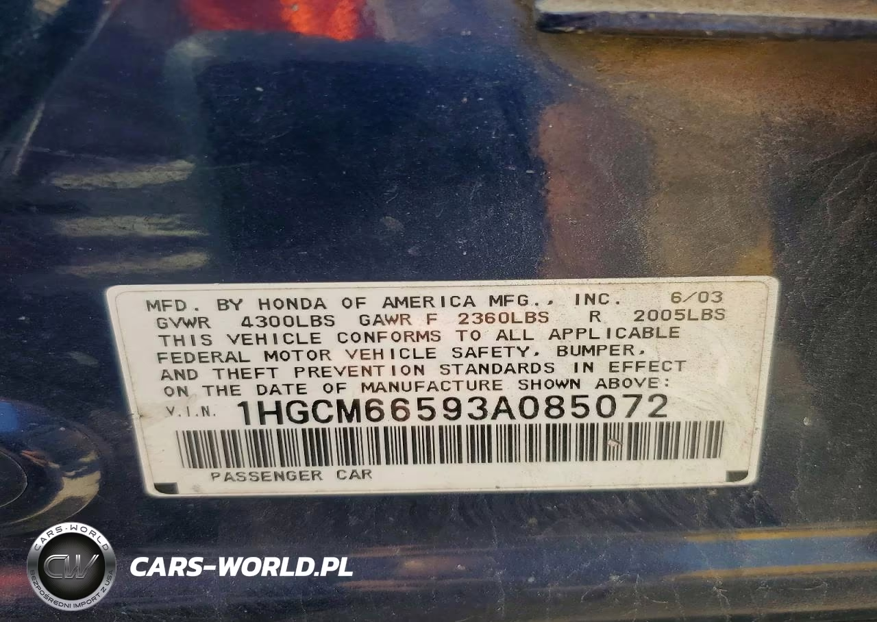 2003 Honda Accord Dx VIN:1HGCM66593A085072 - 12