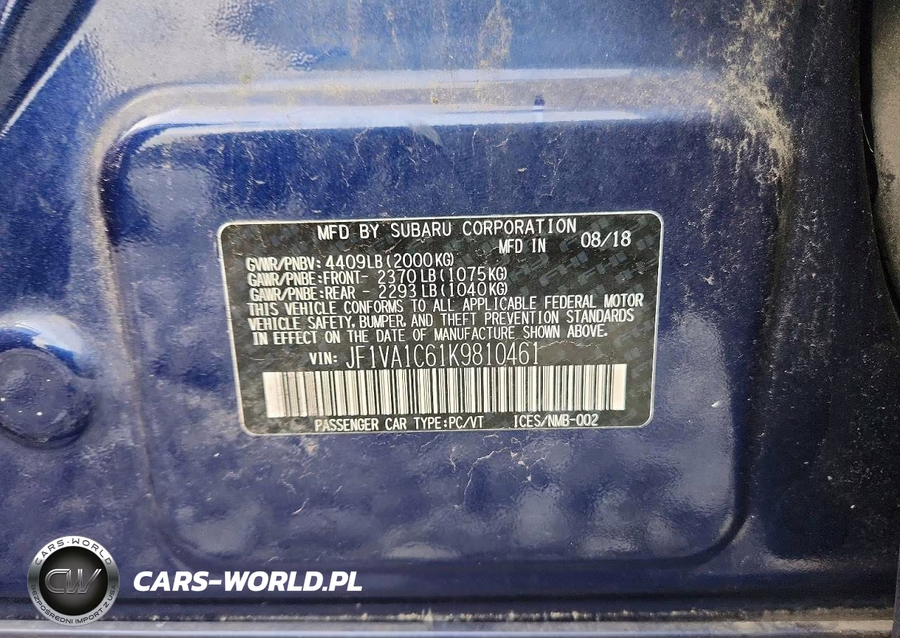2019 Subaru Wrx Premium VIN:JF1VA1C61K9810461 - 12