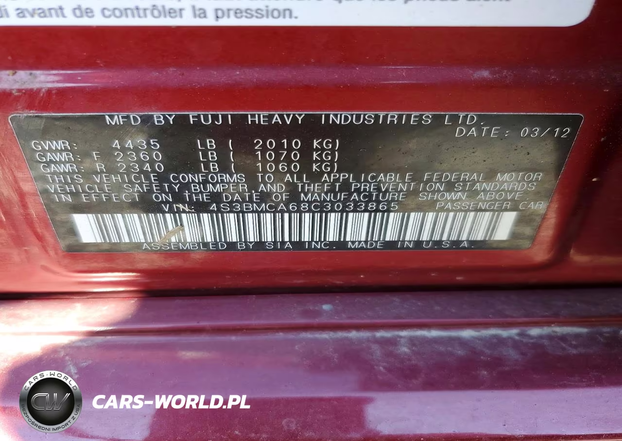 2012 Subaru Legacy 2.5I VIN:4S3BMCA68C3033865 - 12