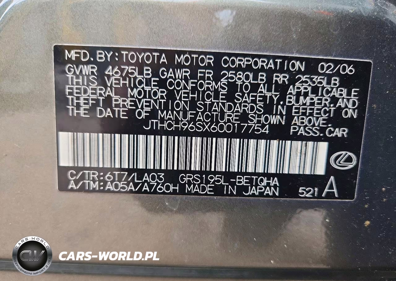 2006 Lexus Gs 300 VIN:JTHCH96SX60017754 - 12