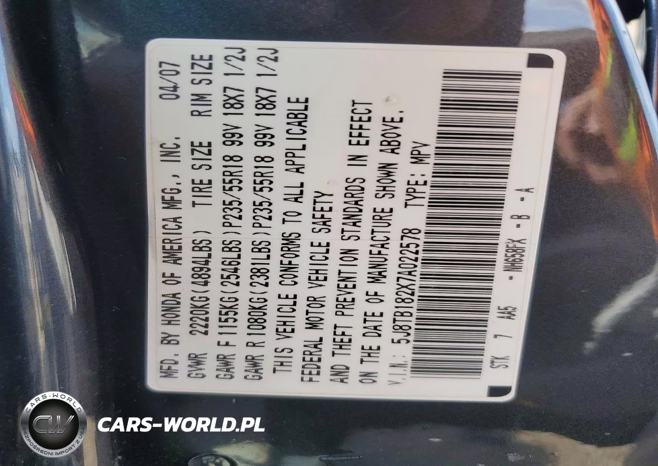 2007 Acura Rdx VIN:5J8TB182X7A022578 - 13