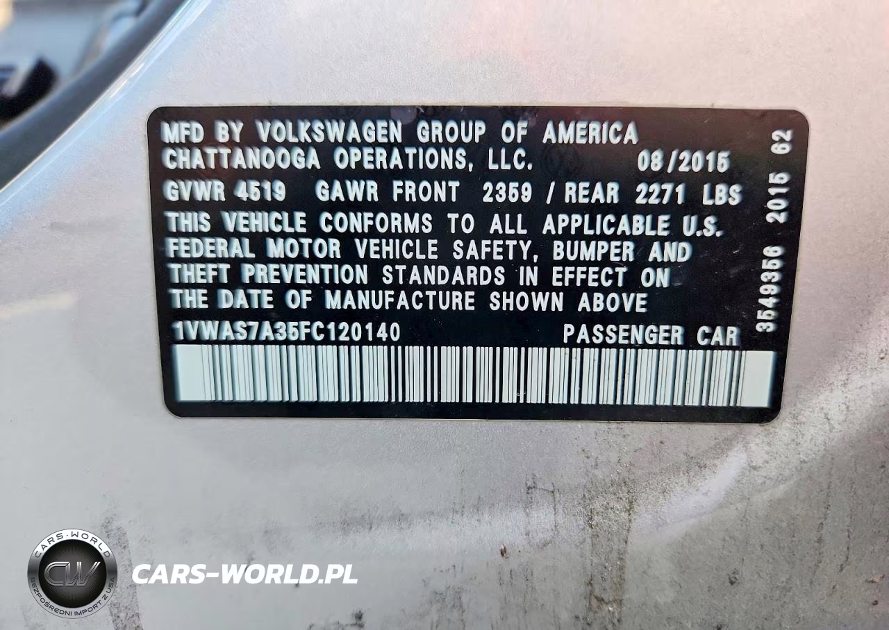 2015 Volkswagen Passat S VIN:1VWAS7A35FC120140 - 12