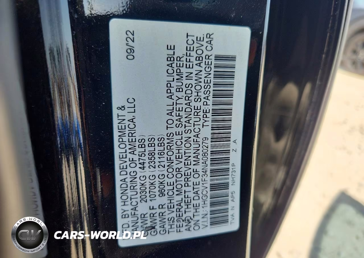 2022 Honda Accord Sport VIN:1HGCV1F34NA080279 - 12