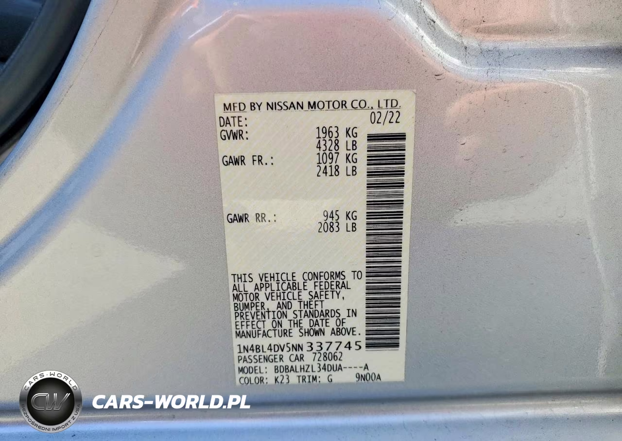 2022 Nissan Altima Sv VIN:1N4BL4DV5NN337745 - 12