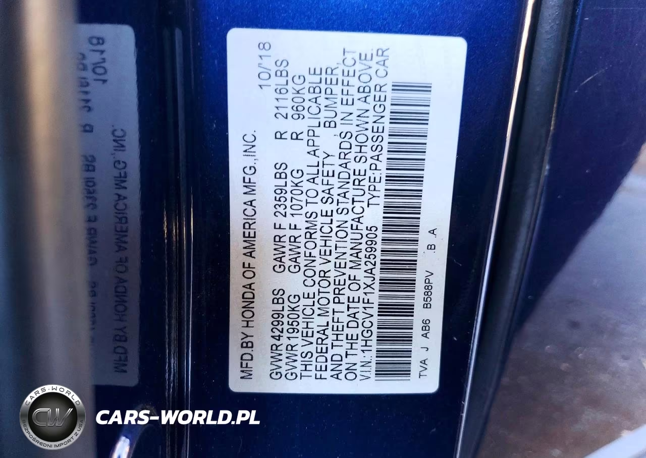 2018 Honda Accord Lx VIN:1HGCV1F1XJA259905 - 12