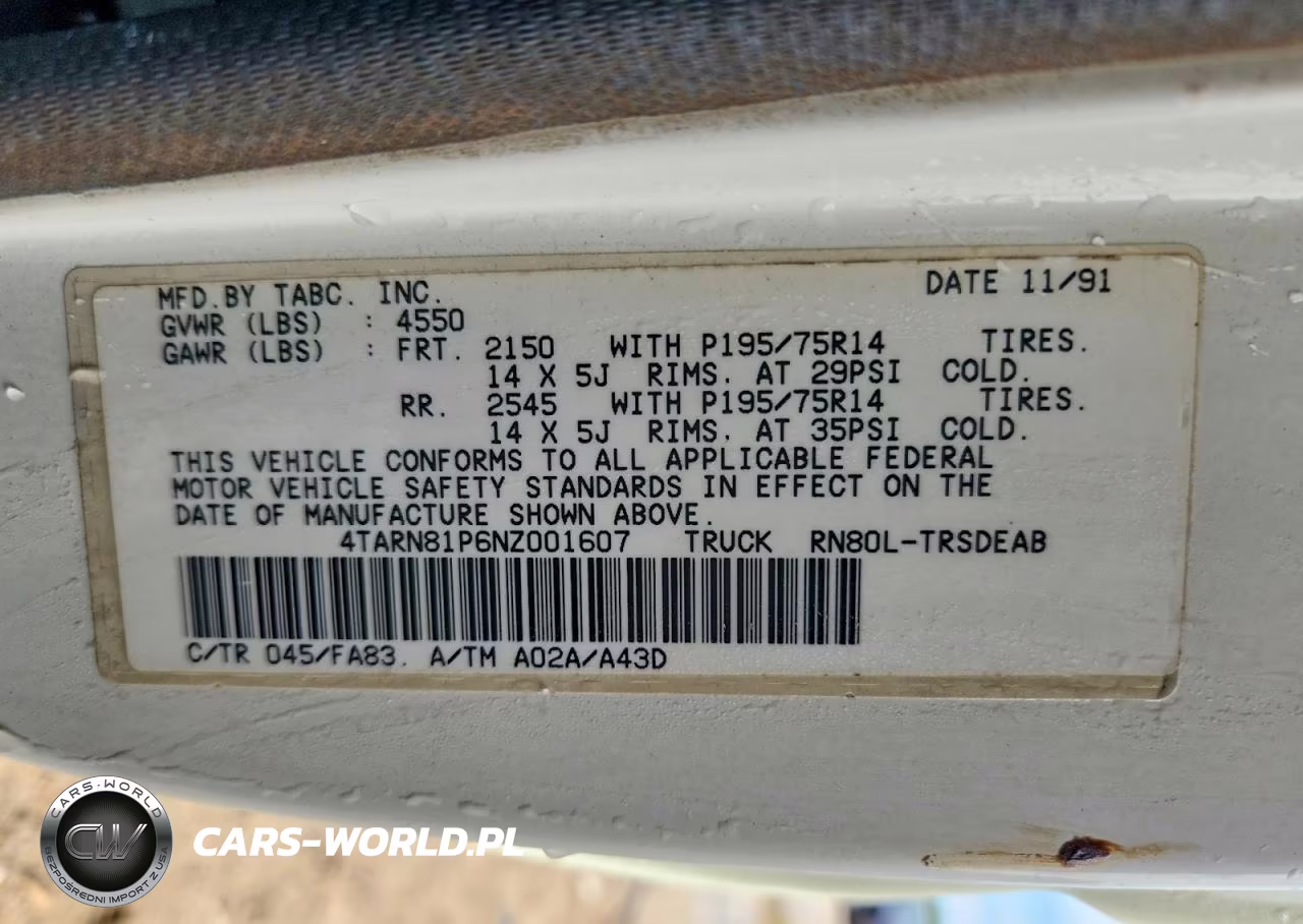 1992 Toyota Pickup 1-2 Ton Short Wheelbase Dlx VIN:4TARN81P6NZ001607 - 12