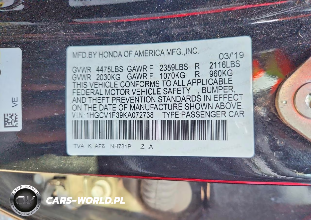 2019 Honda Accord Sport VIN:1HGCV1F39KA072738 - 13