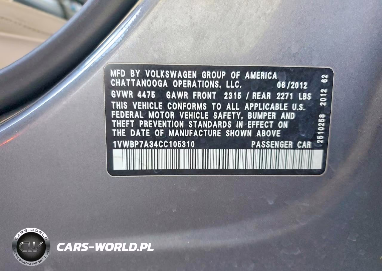 2012 Volkswagen Passat Se VIN:1VWBP7A34CC105310 - 13