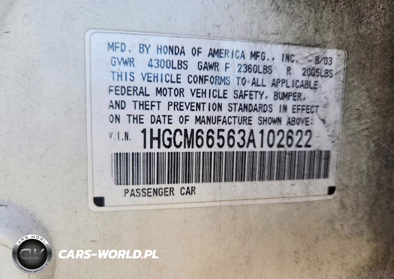 2003 Honda Accord Ex VIN:1HGCM66563A102622 - 12