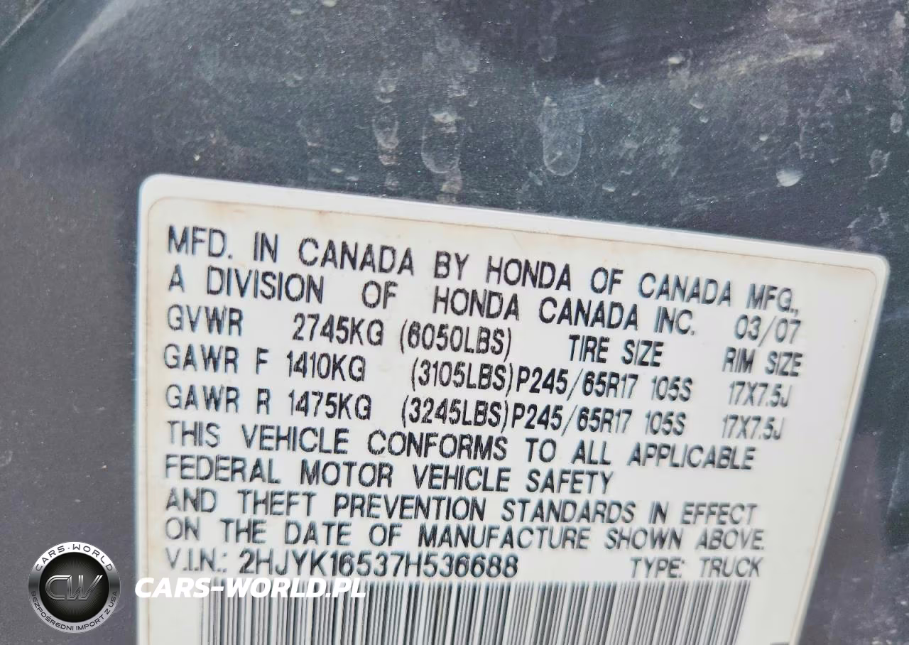 2007 Honda Ridgeline Rtl VIN:2HJYK16537H536688 - 12