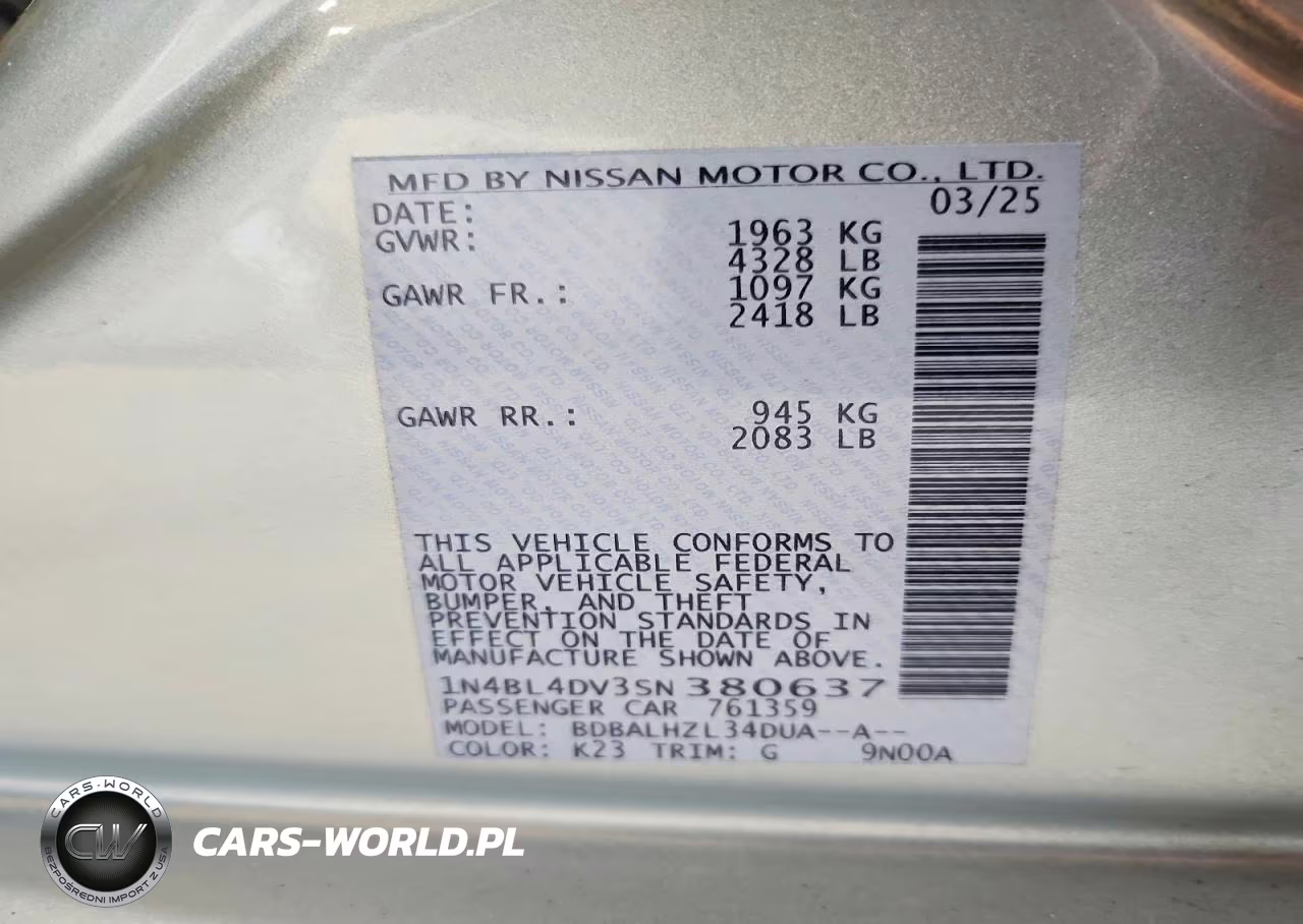 2025 Nissan Altima Sv VIN:1N4BL4DV3SN380637 - 11
