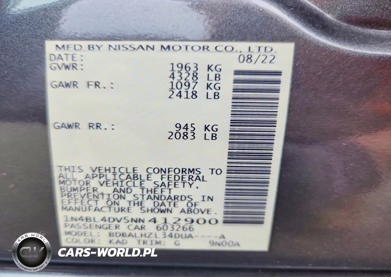 2022 Nissan Altima Sv VIN:1N4BL4DV5NN412900 - 12