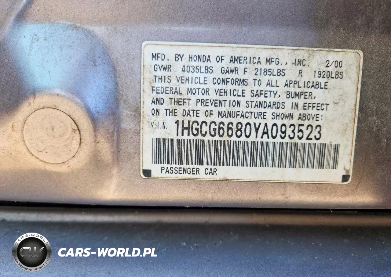 2000 Honda Accord Ex VIN:1HGCG6680YA093523 - 12