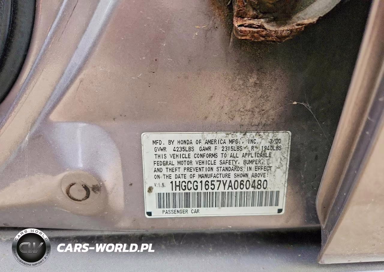 2000 Honda Accord Ex VIN:1HGCG1657YA060480 - 12