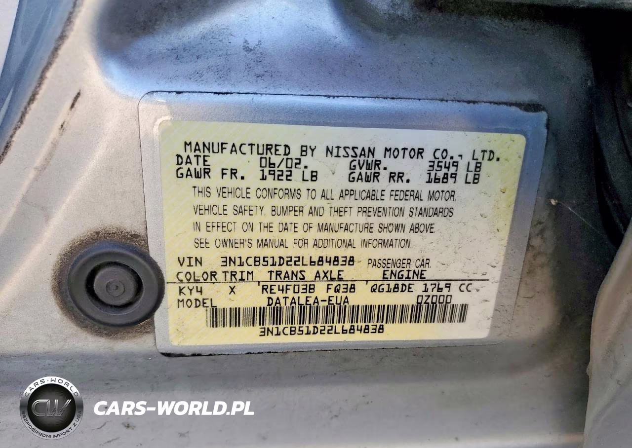 2002 Nissan Sentra Xe VIN:3N1CB51D22L684838 - 12