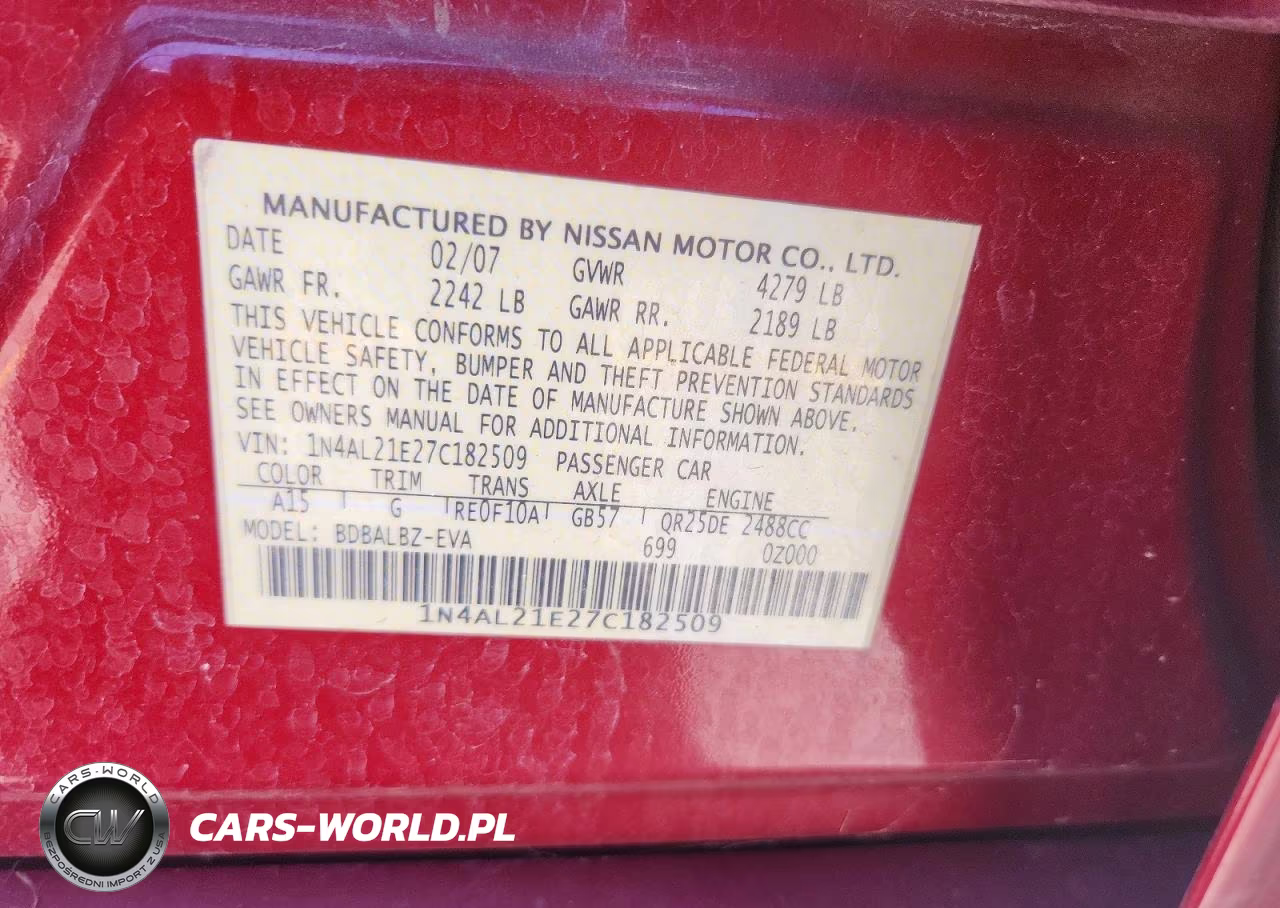 2007 Nissan Altima 2.5 VIN:1N4AL21E27C182509 - 13