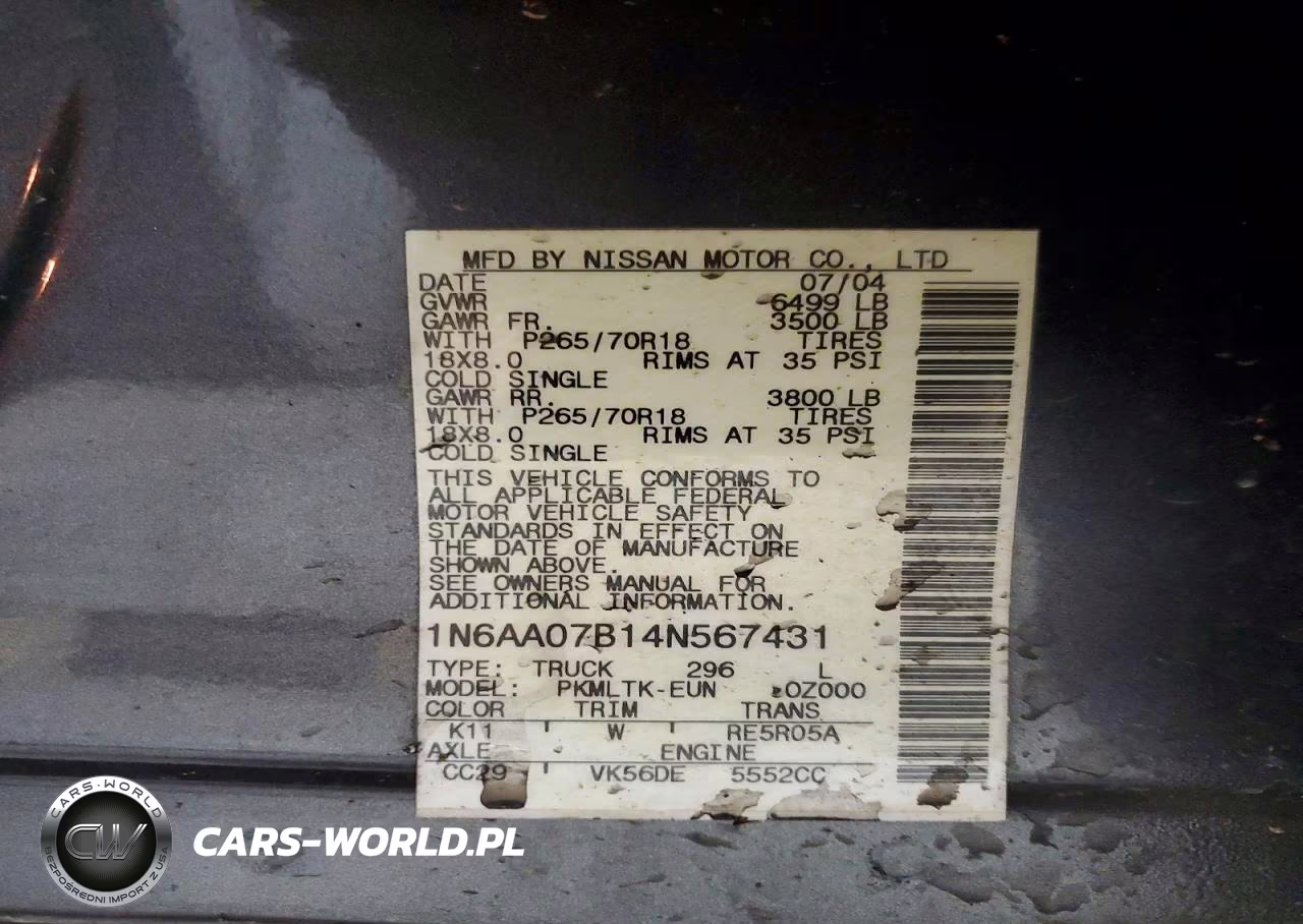 2004 Nissan Titan Xe VIN:1N6AA07B14N567431 - 12