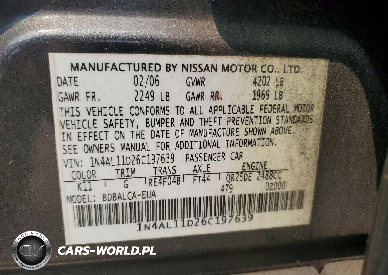 2006 Nissan Altima 2.5 VIN:1N4AL11D26C197639 - 12