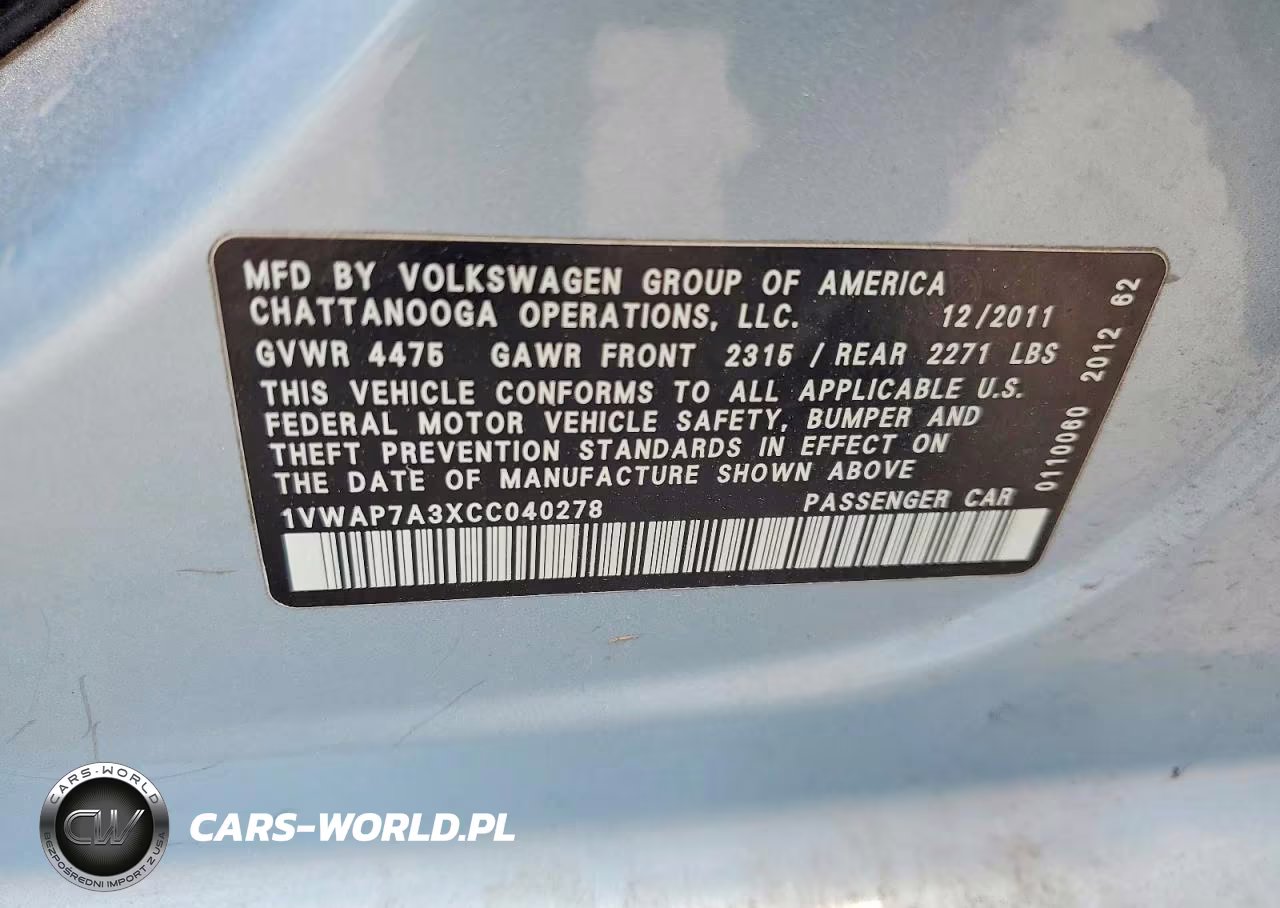 2012 Volkswagen Passat S VIN:1VWAP7A3XCC040278 - 12