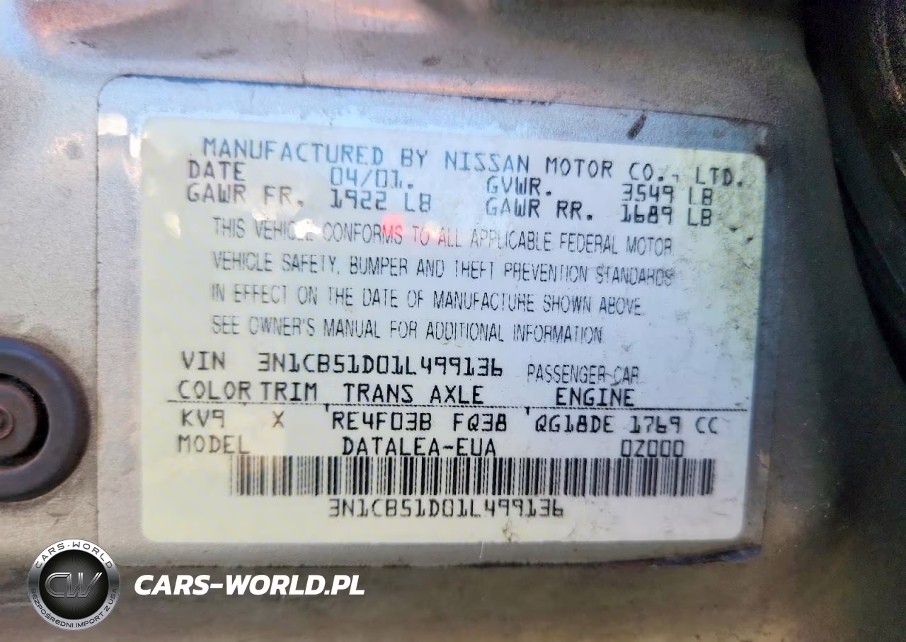 2001 Nissan Sentra Xe VIN:3N1CB51D01L499136 - 13