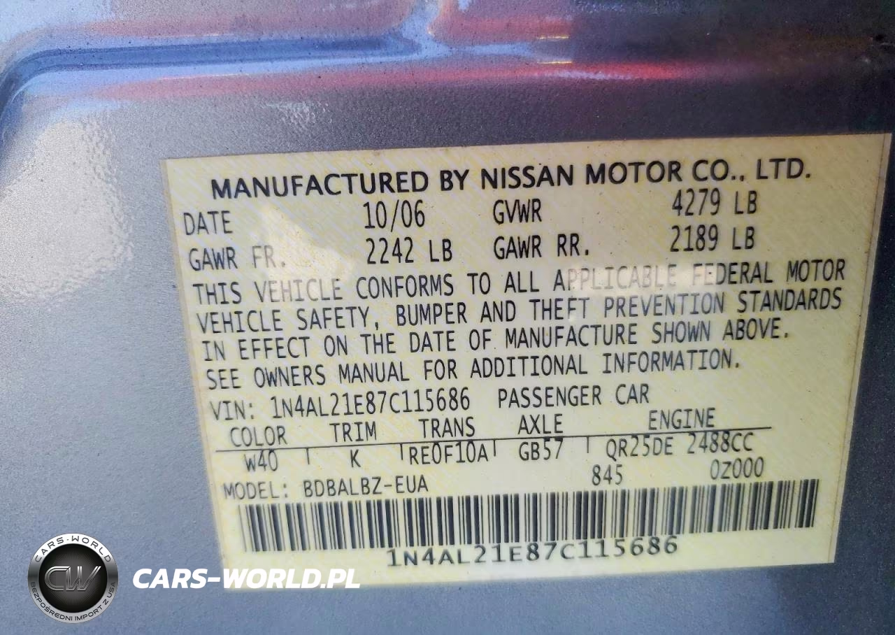 2007 Nissan Altima 2.5 VIN:1N4AL21E87C115686 - 12