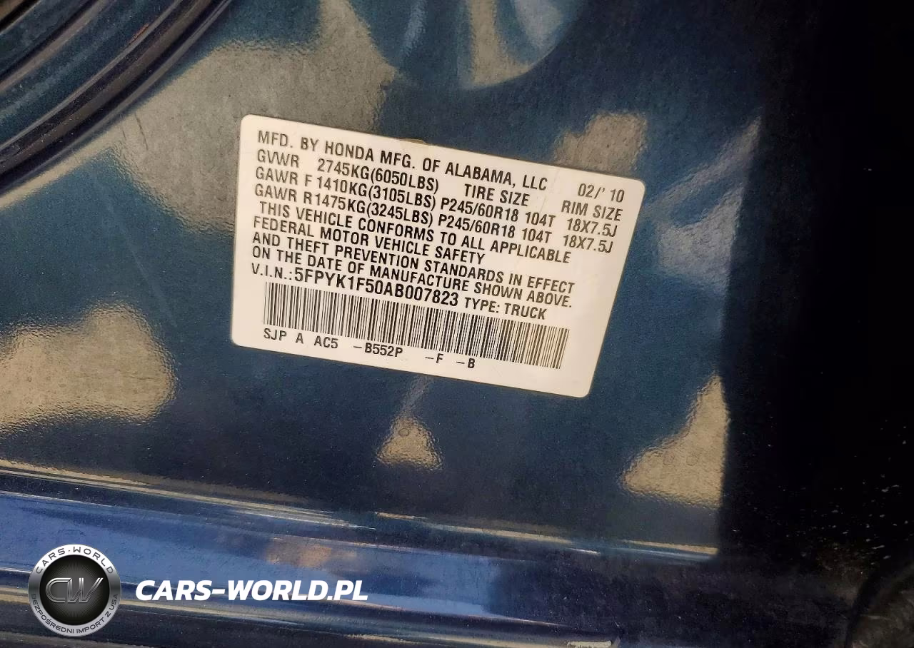 2010 Honda Ridgeline Rtl VIN:5FPYK1F50AB007823 - 13
