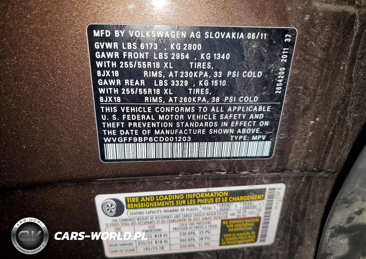 2012 Volkswagen Touareg V6 VIN:WVGFF9BP6CD001203 - 13