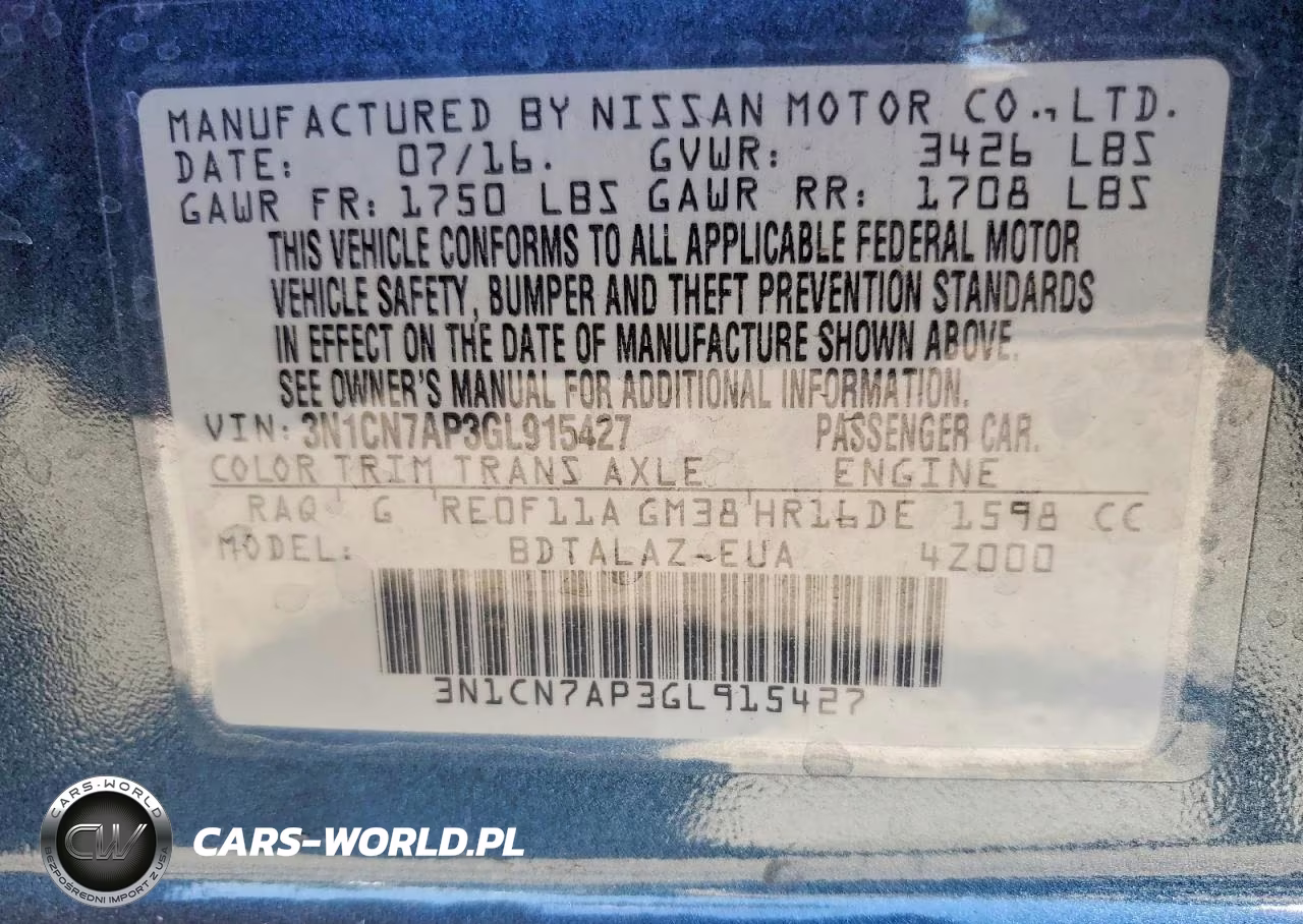 2016 Nissan Versa 1.6 S Plus VIN:3N1CN7AP3GL915427 - 13