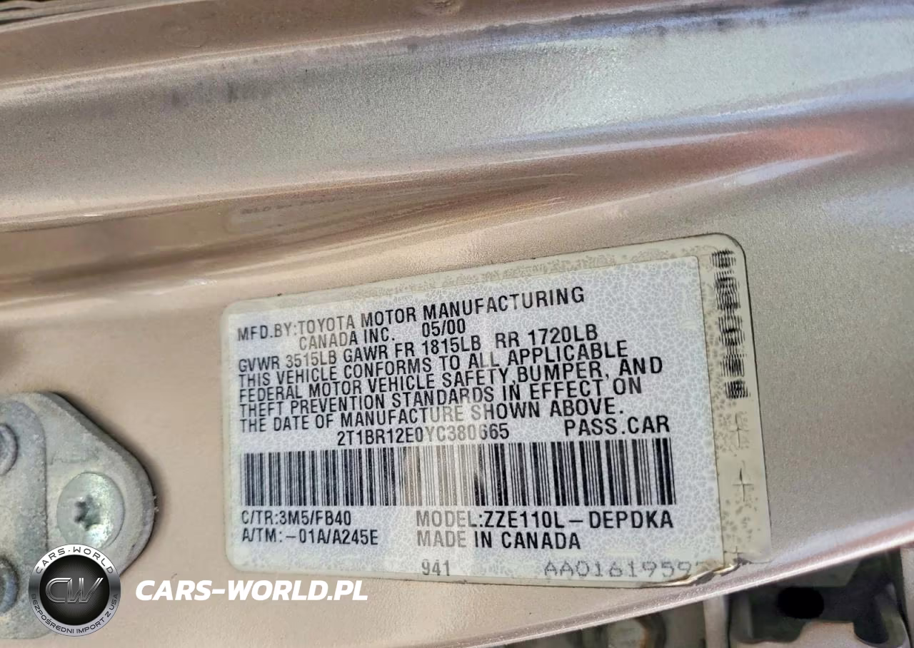 2000 Toyota Corolla Ve VIN:2T1BR12E0YC380665 - 12