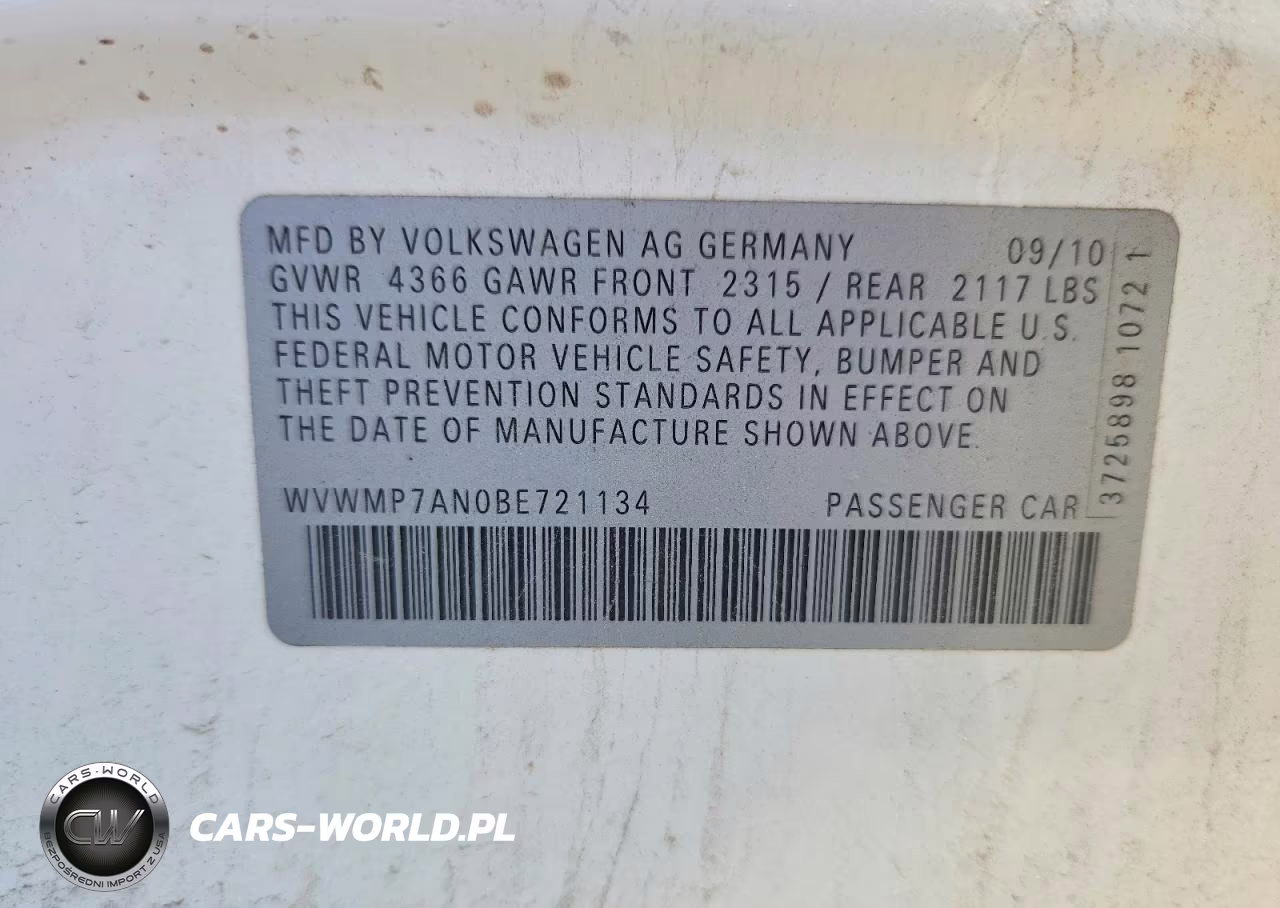 2011 Volkswagen Cc Sport VIN:WVWMP7AN0BE721134 - 12