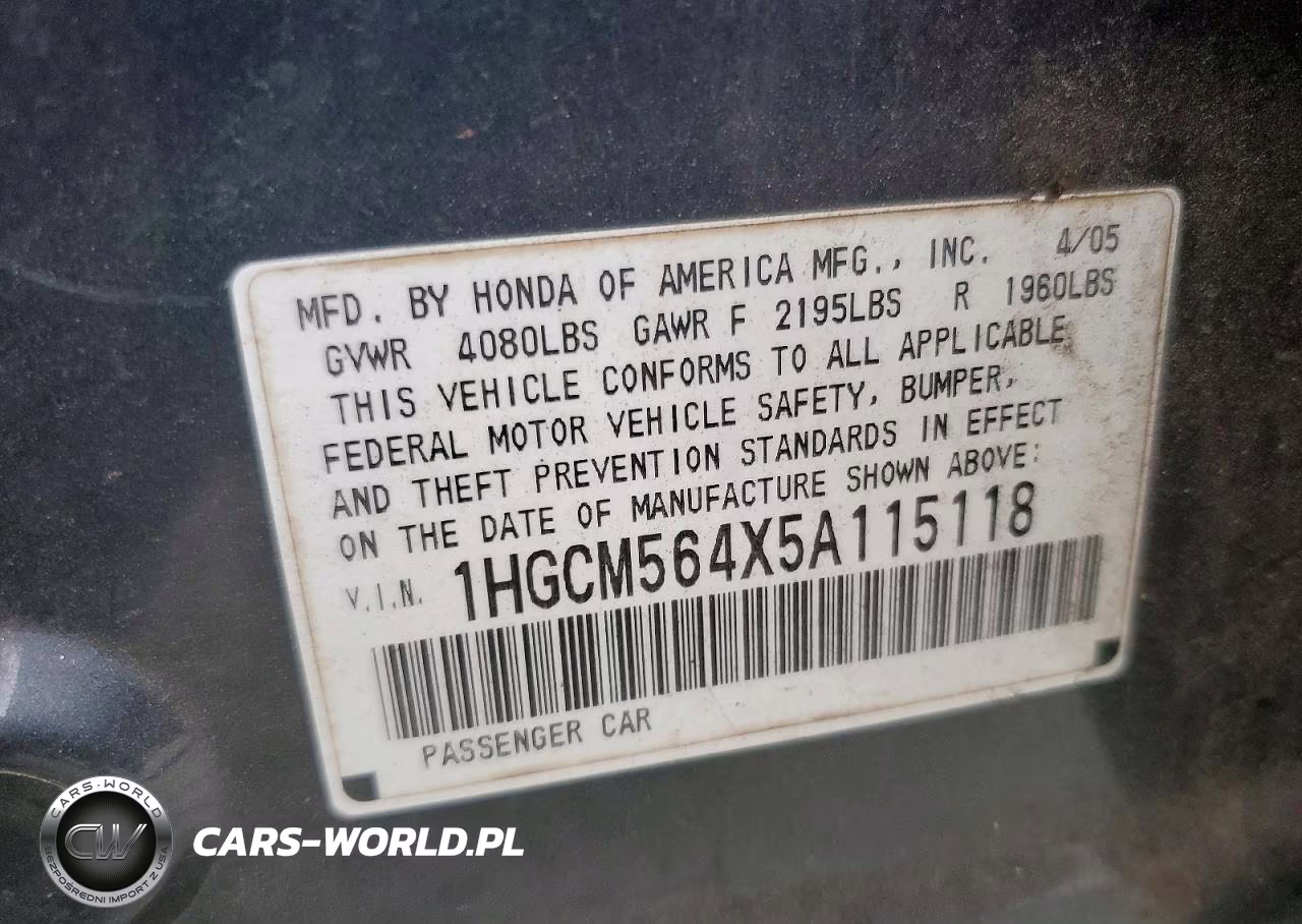 2005 Honda Accord Lx VIN:1HGCM564X5A115118 - 12