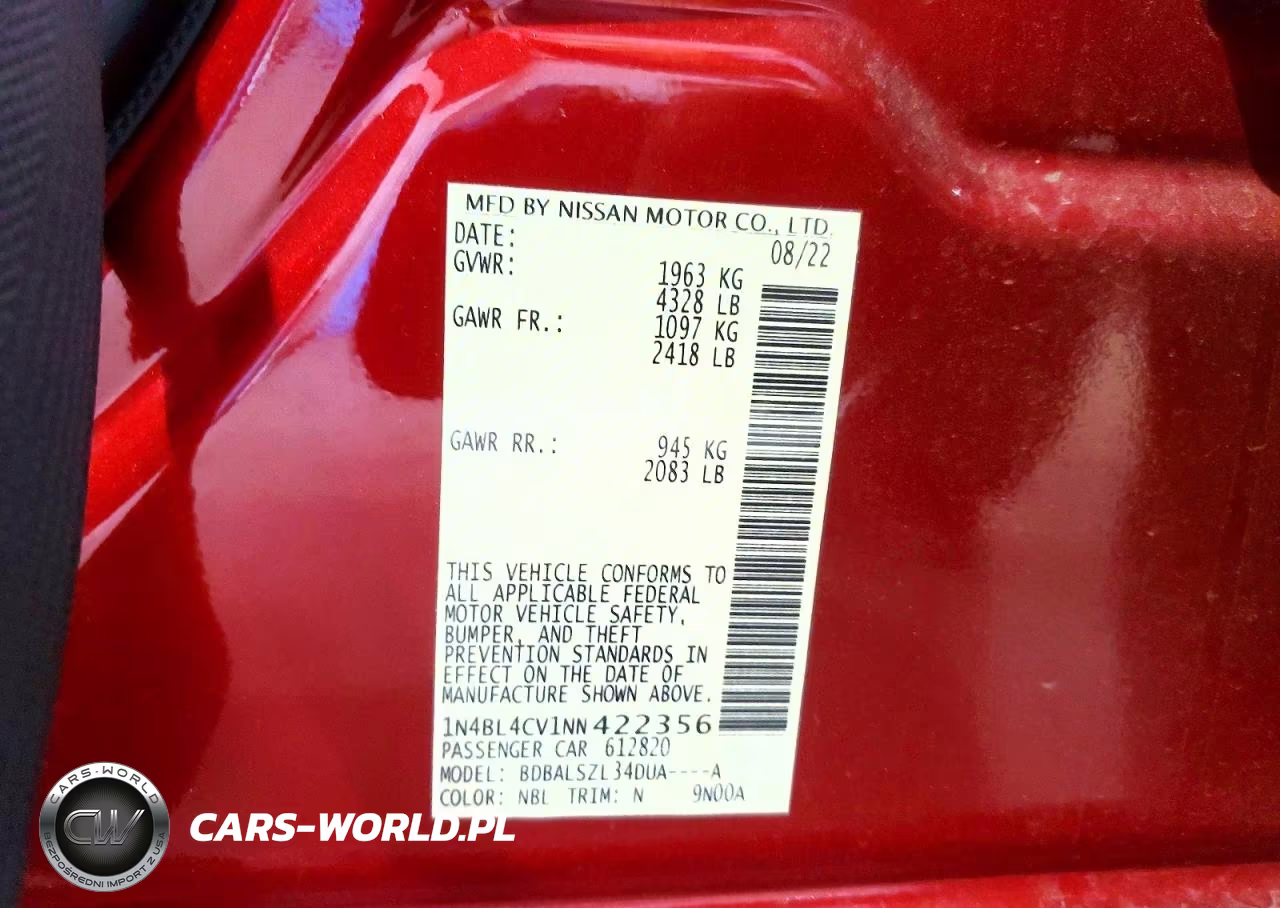 2022 Nissan Altima Sr VIN:1N4BL4CV1NN422356 - 12