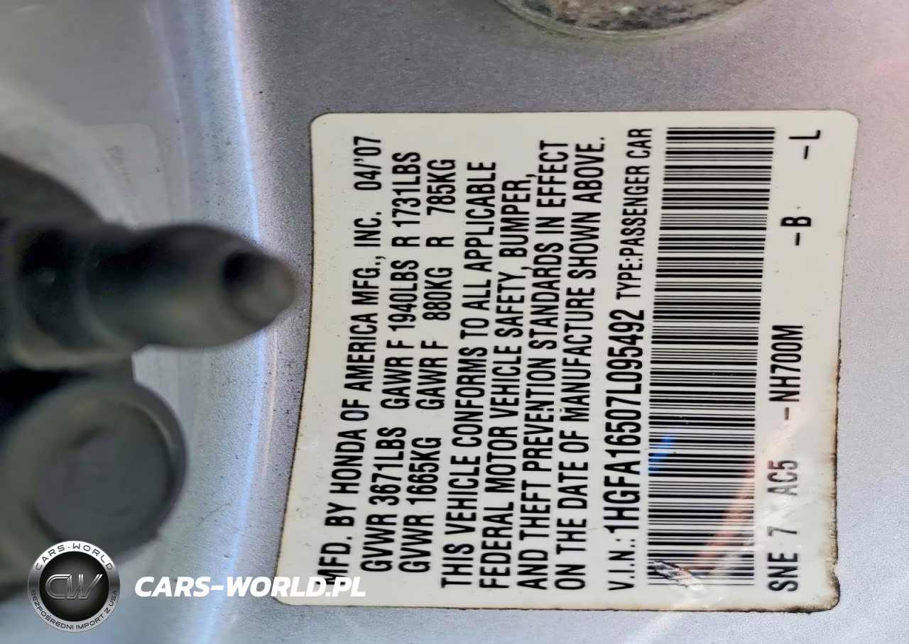 2007 Honda Civic Lx VIN:1HGFA16507L095492 - 12