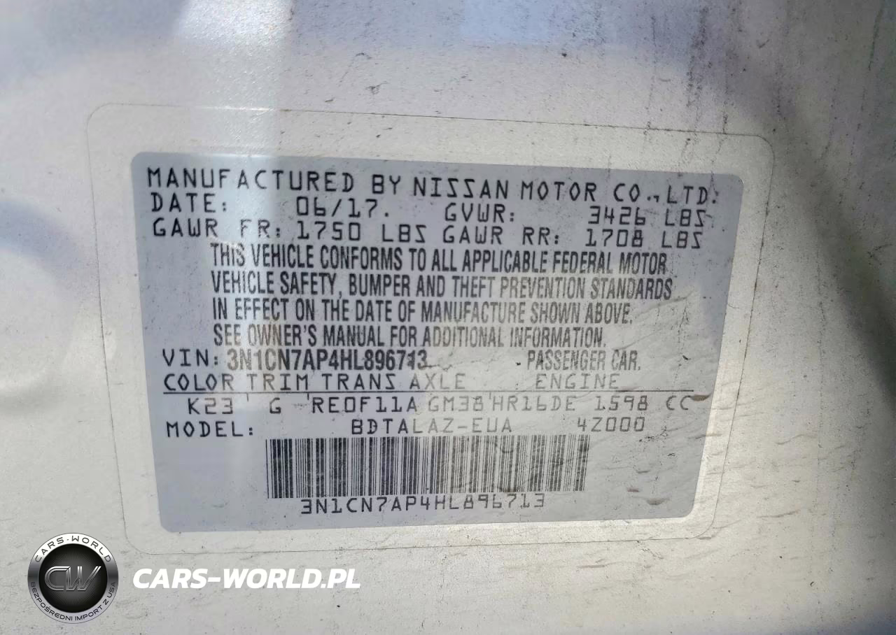 2017 Nissan Versa 1.6 S Plus VIN:3N1CN7AP4HL896713 - 12