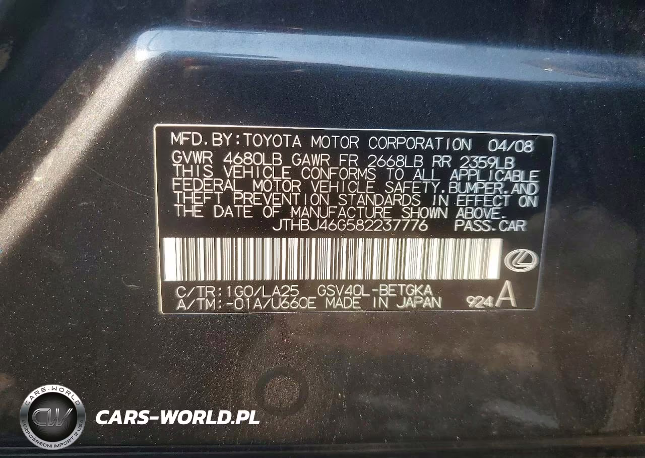 2008 Lexus Es 350 VIN:JTHBJ46G582237776 - 12