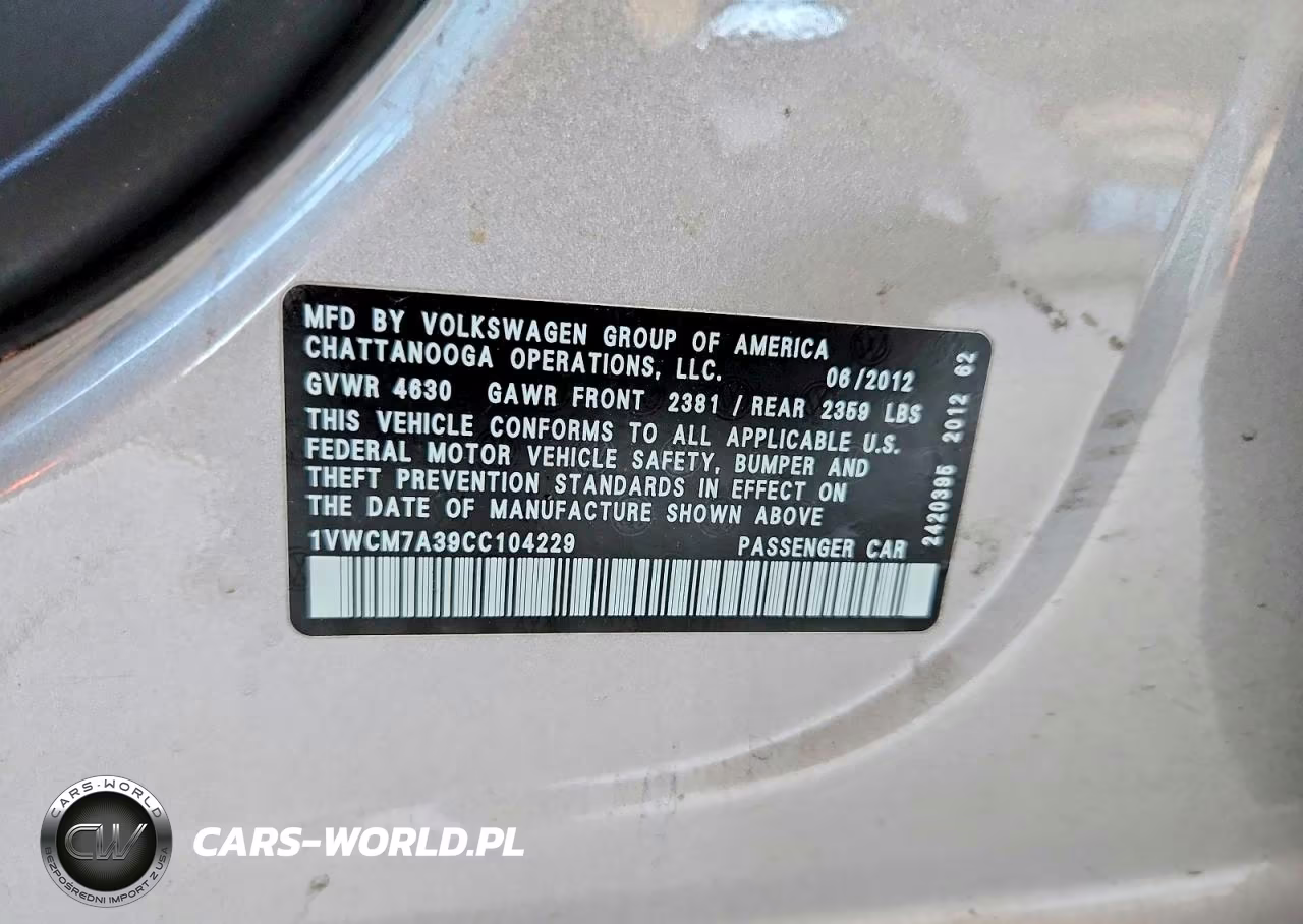2012 Volkswagen Passat Sel VIN:1VWCM7A39CC104229 - 12