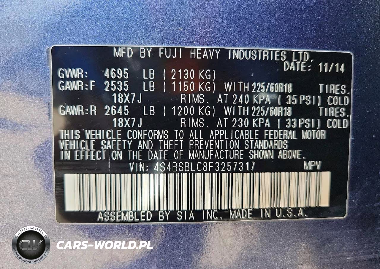 2015 Subaru Outback 2.5I Limited VIN:4S4BSBLC8F3257317 - 14