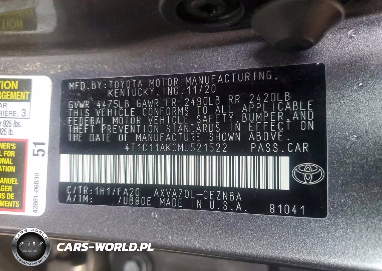 2021 Toyota Camry Le VIN:4T1C11AK0MU521522 - 12