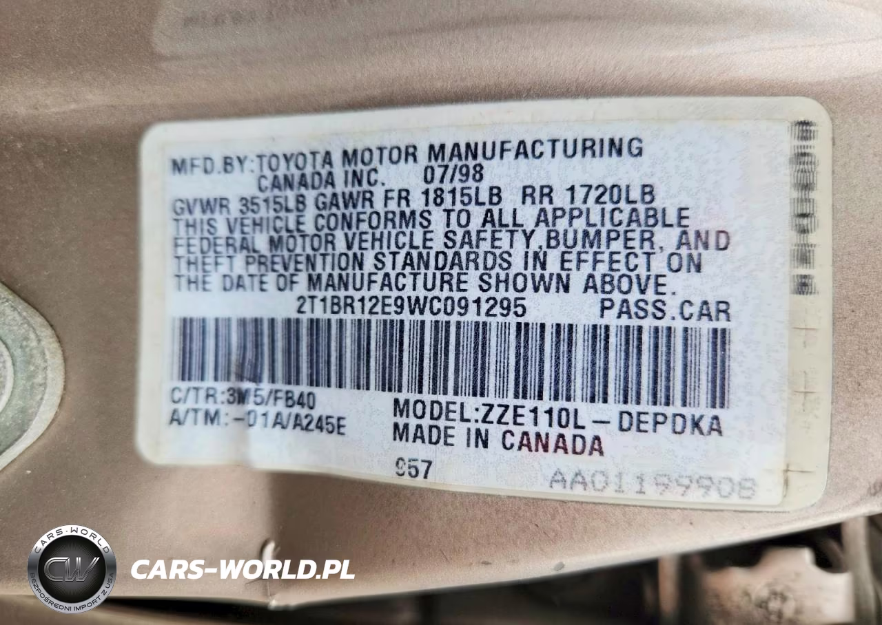1998 Toyota Corolla Ve VIN:2T1BR12E9WC091295 - 13
